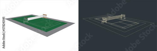 Vector Badminton court Technical Illustration line art  on the blueprint