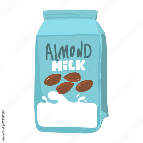 Isolated almond milk in paper package with liquid splash and nuts, natural drink branding on carton container with lid, advertising of vegan liquid for nutrition. Dairy packaging and advertising