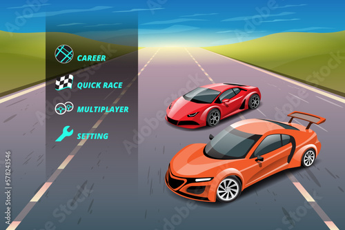 Car racing game in display menu juning for upgrade performance car of game player.