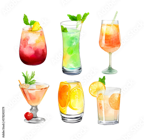 Hand drawn watercolor Set of tropical refreshment cocktails, vector
