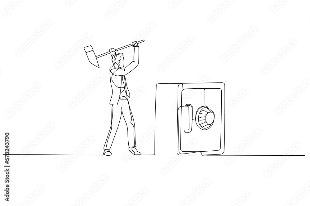 Illustration of businessman try to break safety deposit box with hammer. Concept of crime. Single continuous line art style