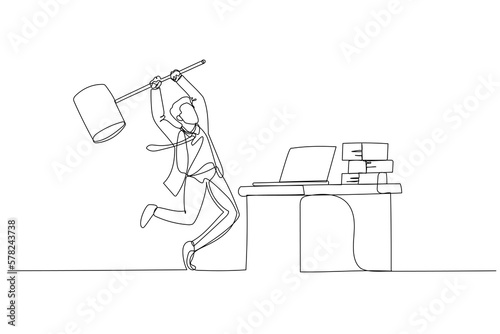 Illustration of businessman hitting computer. Concept of frustation at work. Single continuous line art