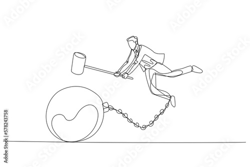 Illustration of businessman smash chain steel ball with hammer. Concept of break free. Single line art style