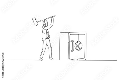 Illustration of businessman try to break safety deposit box with hammer. Concept of crime. Single continuous line art style
