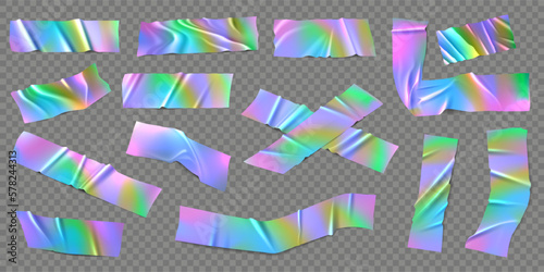 Holographic foil tape. Realistic iridescent rainbow colored adhesive tapes, holo patch decorative pieces vector set