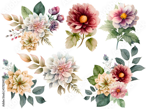 Pretty watercolor flower bouquet collection created with Generative AI technology
