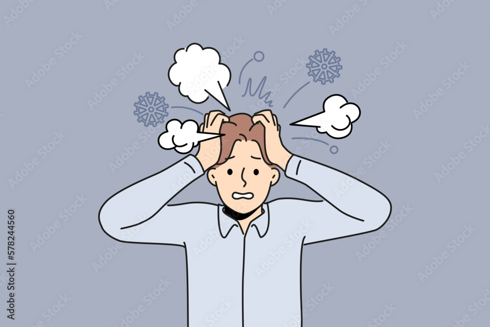 Exhausted businessman with chaos and mess in head suffer from nervous breakdown. Tired emotional man struggle with stress and overwork. Vector illustration.  - obrazy, fototapety, plakaty 