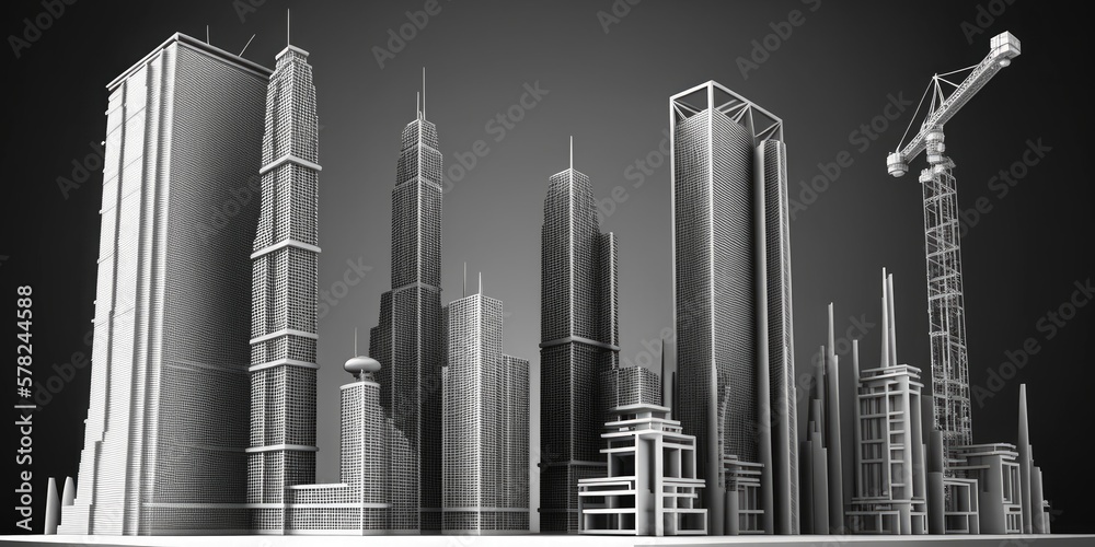 Skyscrapers and a construction screen on a black background. Generative ai. Skyscrapers and a construction screen on a black background. Generative ai.