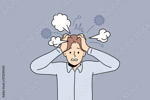 Exhausted businessman with chaos and mess in head suffer from nervous breakdown. Tired emotional man struggle with stress and overwork. Vector illustration. 