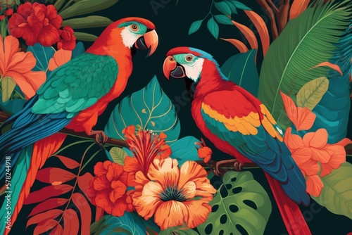 Exotic pattern with parrots and tropical flowers in light color created with AI generative technology