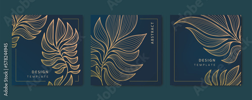 Vector set of abstract luxury golden square cards, post templates for social net, leaves botanical modern, art deco wallpaper background. Pattern, texture for print, fabric, packaging design