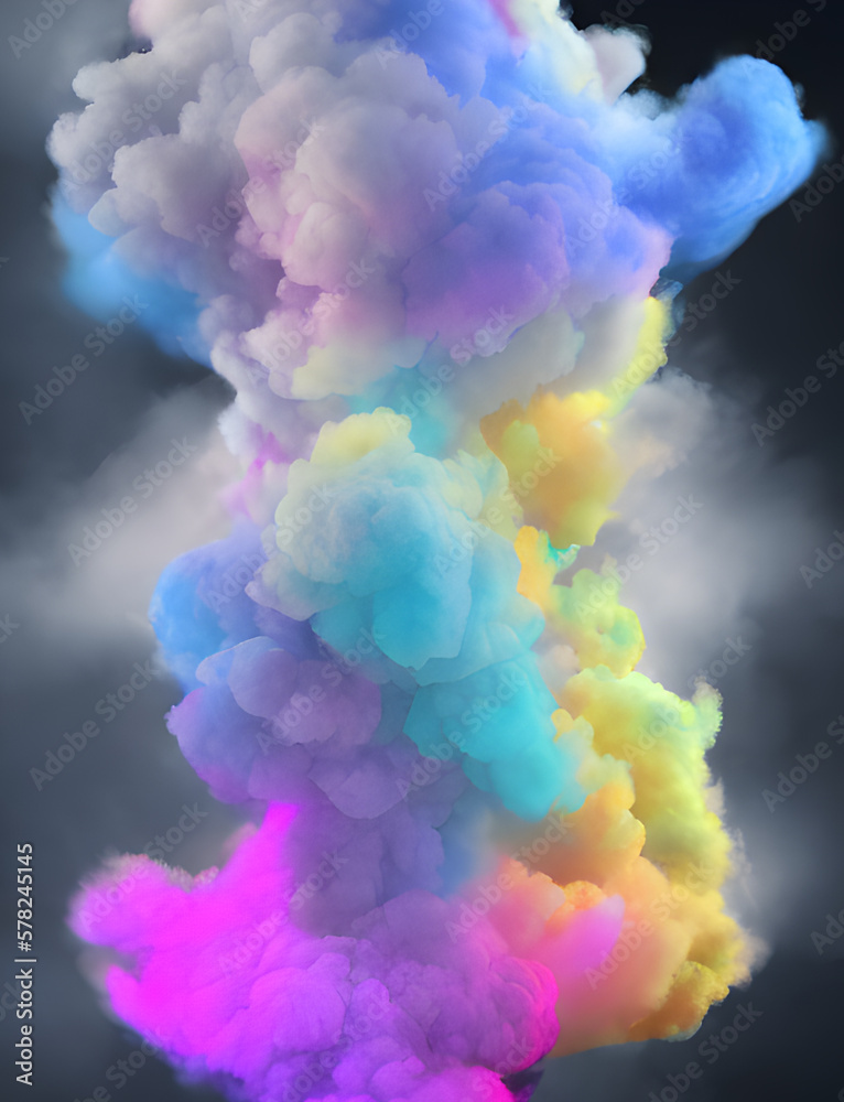 Fototapeta premium Pastel blue, pink, yellow and and purple multicolored clouds on a dark background. Meant as background image. Generative AI.