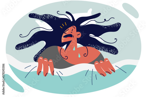 Woman with disheveled hair lies on bed and cannot fall asleep due to insomnia after nightmare