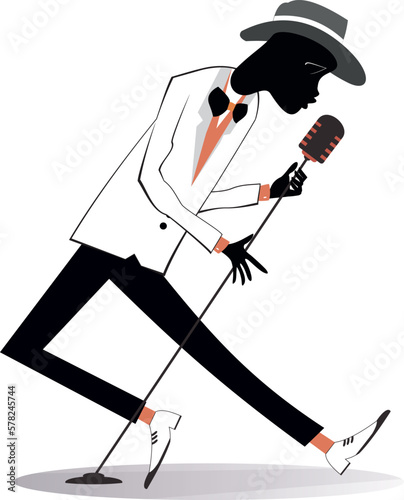 Romantic African man singer. 
Young African man with microphone sings a song with great inspiration. Isolated on white background
