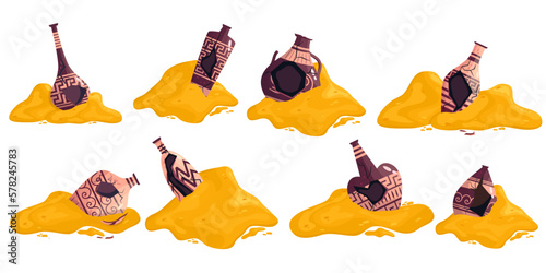 Greek broken vase in sand pile set ancient jar isolated. Ceramic broken vase with greek symbol. Cartoon vector illustration. Pottery jar earthenware antique design