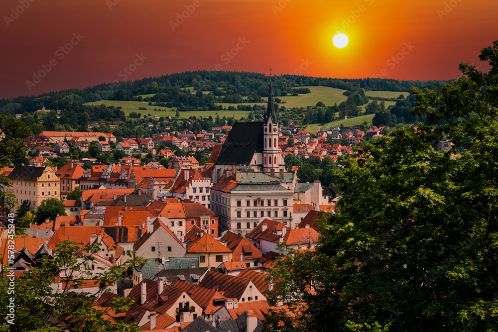 View of historical centre of Cesky Krumlov town on Vltava riverbank, Czech Republic.