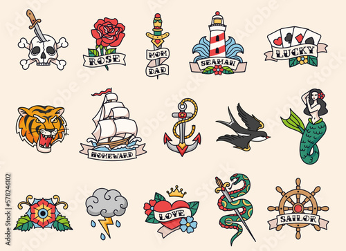Sailor tattoo designs. Old school tattooing style, american traditional color tattoos with bold black outlines. Hand drawn vector illustration set © WinWin