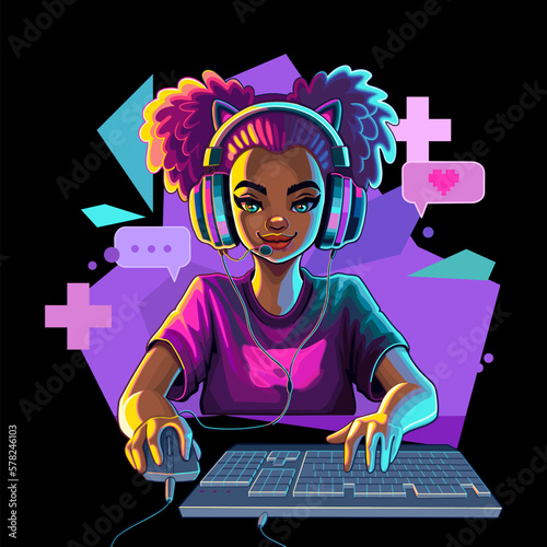 African girl gamer or streamer with cat ears headset sits in front of a computer
