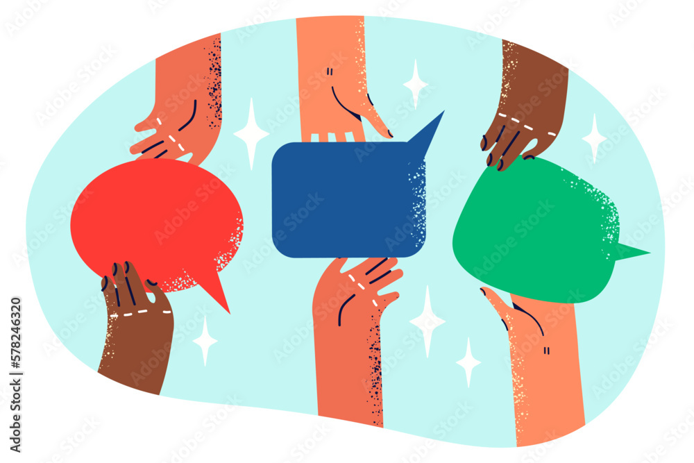 People passing dialogue bubbles from hand to hand symbolizing teamwork ...