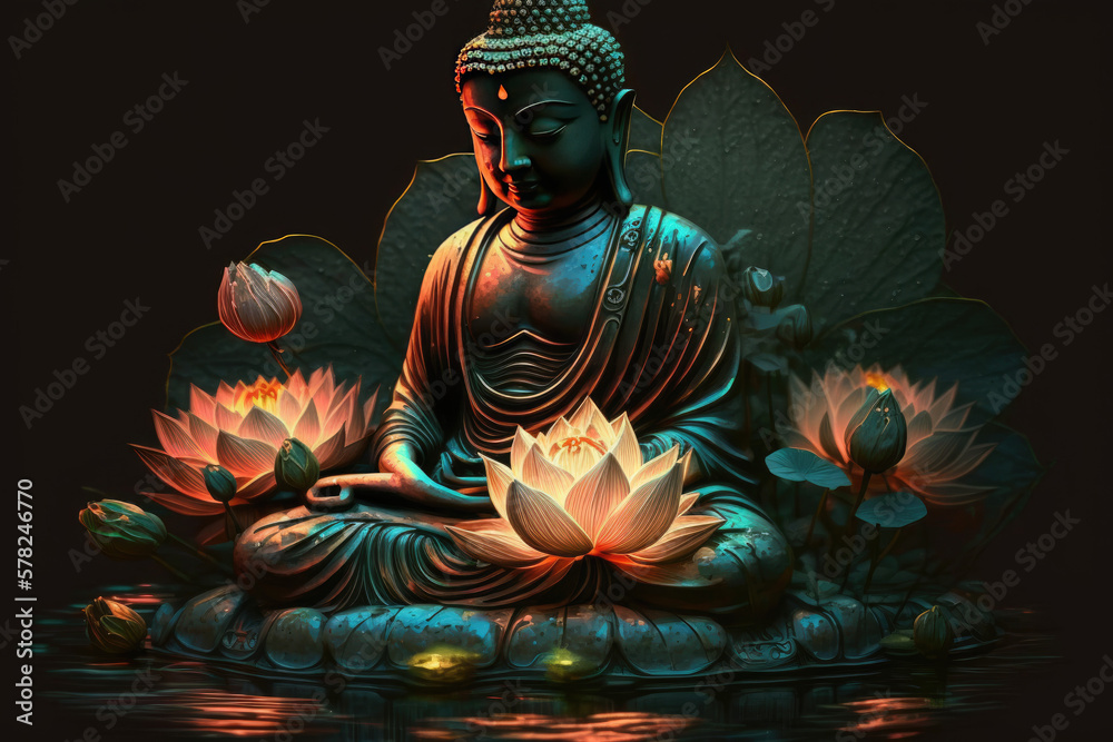 glowing Lotus flowers and gold buddha statue, generative AI - obrazy, fototapety, plakaty 
