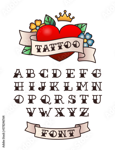 Old school tattoo font. American traditional lettering, hand drawn sailor tattoos style letters vector set