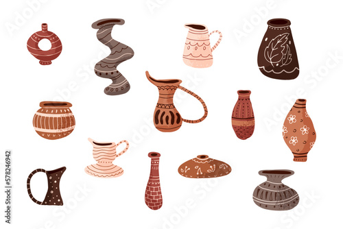 Ceramic flower vases, clay pots and earthen vessels set. Handicraft pottery and earthenware items. Flat vector illustraton isolated on white background