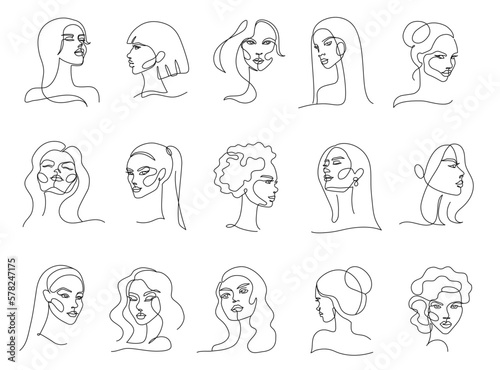 One line female portraits. Minimalist elegant and glamorous women with beautiful hair and makeup vector set
