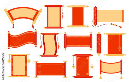 Chinese scrolls. Asian envelope card, traditional red hanging scroll decorative frame isolated vector set