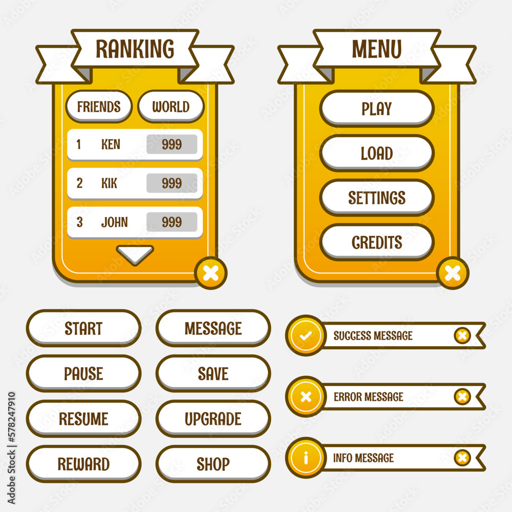 Vector game template gui kit. Game graphical user Interface GUI for build web and mobile games and apps.