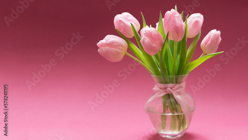 Fototapeta Naklejka Na Ścianę i Meble -  Blossoming light pink tulips, bright springtime bouquet floral card, selective focus  009
