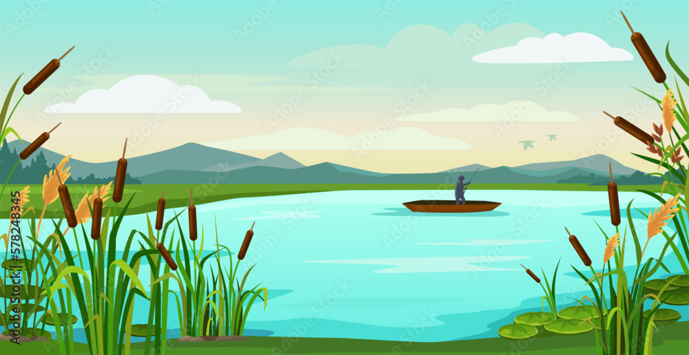 Cartoon lake landscape. Fisherman fishing in boat on pond with reeds,  catching fish. Nature vector background illustration Stock Vector