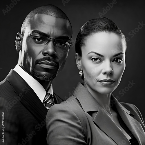 Picture of business partners. This art was created by AI. Fictional characters.