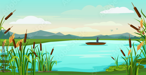 Leinwand Poster Cartoon lake landscape
