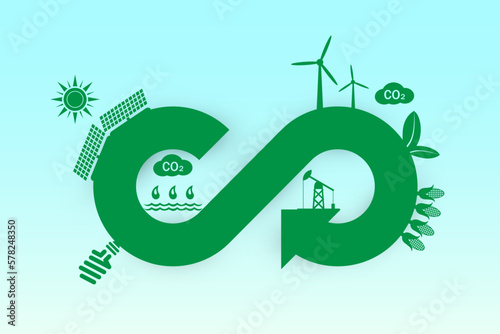 Green eco infinity, net zero, circular economy, renewable enwergy and save the world concept. Sustainable development. Eco banner.