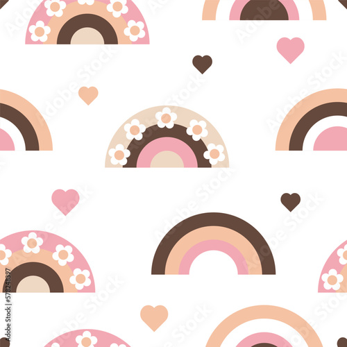 Seamless pattern with boho rainbows and hearts on white background. Spring childish repeating print for fabric, wallpaper, gift wrapping paper. Bohemian style vector texture