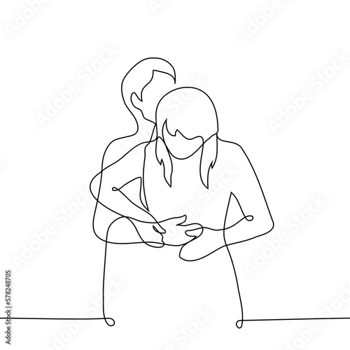 man hugs a woman from behind kissing her on the head, a woman takes his hands away - one line drawing vector. concept heterosexual couple hugging, sexual harassment, tactile and non-tactile person