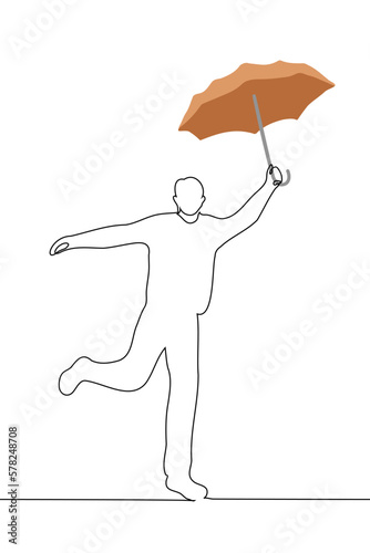 happy man jumping up with an umbrella in his hand - one line drawing vector. concept rain lover, the rainy season is over