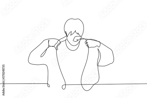 man pulls on or takes off his jacket with both hands - one line drawing vector. concept dress or undress, try on clothes