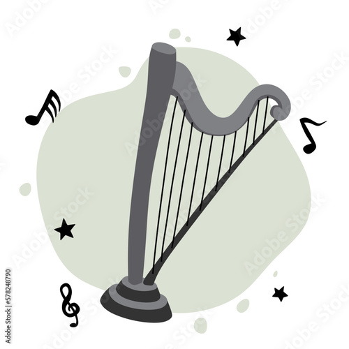 Harp and music notes. Classical string musical instrument. Cute flat cartoon style. Harp icon. Vector illustration