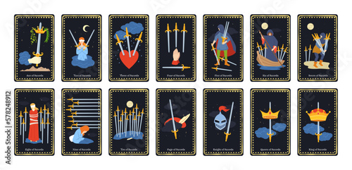 Minor arcana swords tarot cards. Occult king, queen, knight, page and ace of swords esoteric card deck for prediction vector illustrations photo