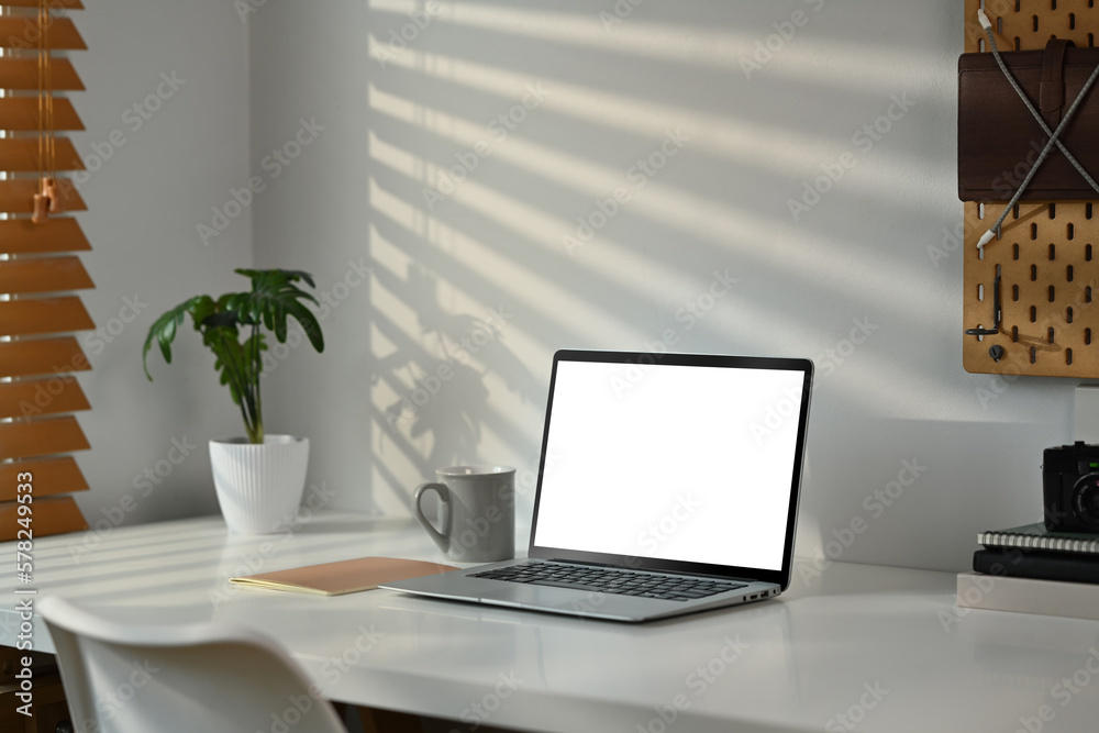 Fototapeta premium Laptop computer, coffee cup, books and potted plant on white table. Blank screen for text information or content
