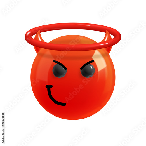 Emoji face eliv smiles maliciously. Emotion Realistic 3d Render. Icon Smile Emoji. Png yellow glossy emoticons. photo