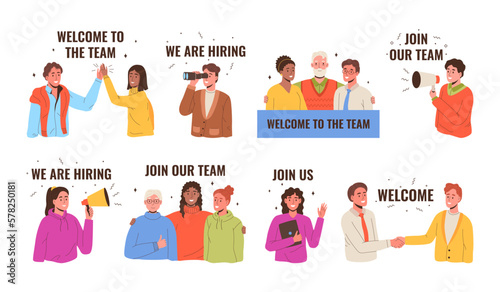Join our team banners. Welcome to team, we are hiring and join us. Headhunting and human resource research vector illustrations set