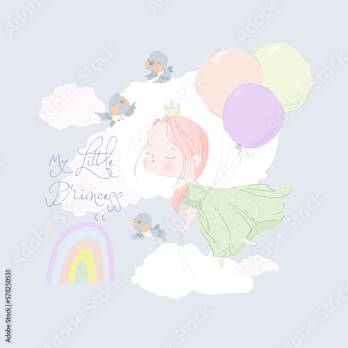 Little Cute Princess flying in the Sky with Balloons. Pastel Colors