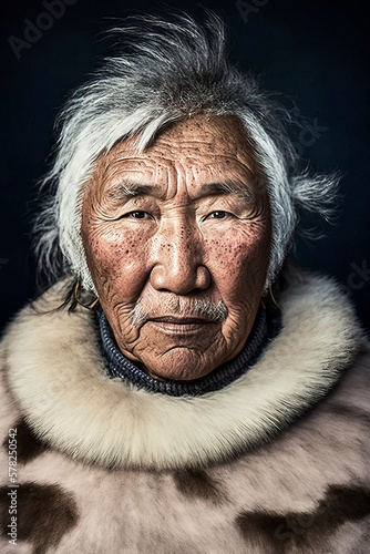 Portrait of an older inuit with white hair, tanned face and a fur jacket, made with generative ai photo