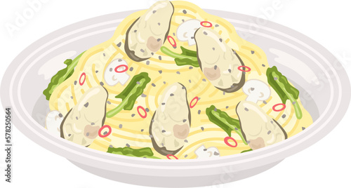 皿に盛り付けられた、牡蠣のパスタのイラスト
