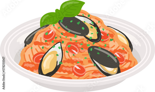 皿に盛り付けられた、ムール貝のパスタのイラスト