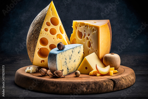 Plateau de fromage sur une planche en bois - Générative IA photo