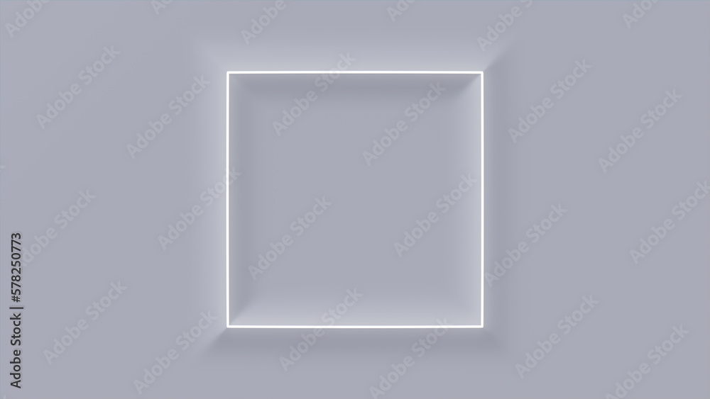 Minimalist Tech Background with Extruded Square and White Illuminated Trim. White Surface with Embossed 3D Shape. 3D Render. Minimalist Tech Background with Extruded Square and White Illuminated Trim. White Surface with Embossed 3D Shape. 3D Render.