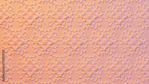 Pink and Yellow 3D Stucco Pattern Background. Classical Light Ornate Wallpaper. photo